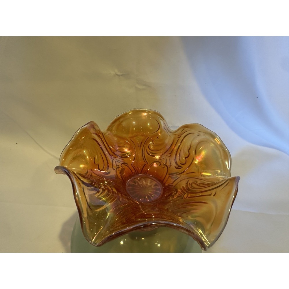 Imperial Rococo Iridescent Marigold Carnival Glass Footed Compote Candy Dish